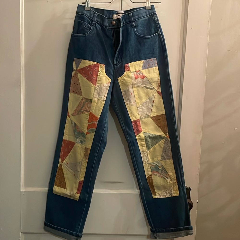 Women’s Dark Blue Straight-Leg Jeans with Yellow Patchwork Panels